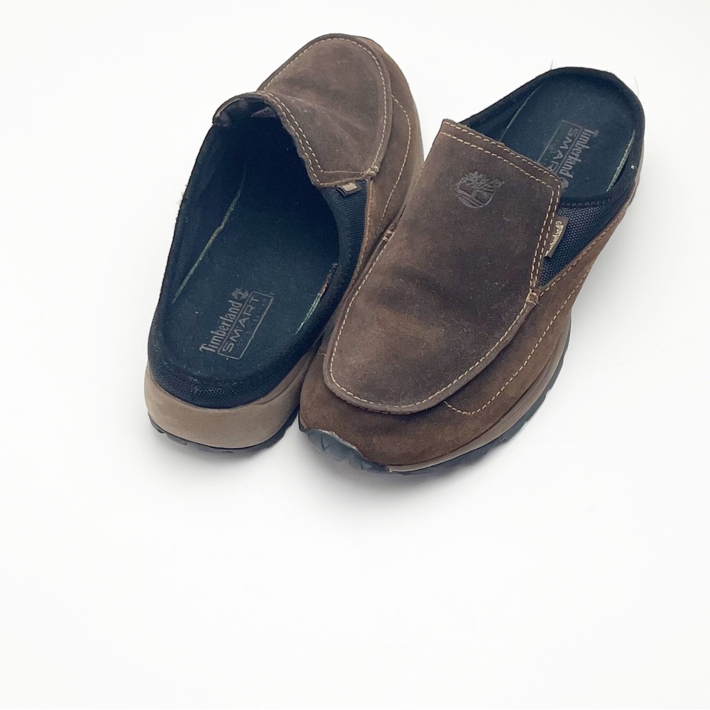 TIMBERLAND Chocolate Brown Genuine Leather Slip On Mules, Size 8.5